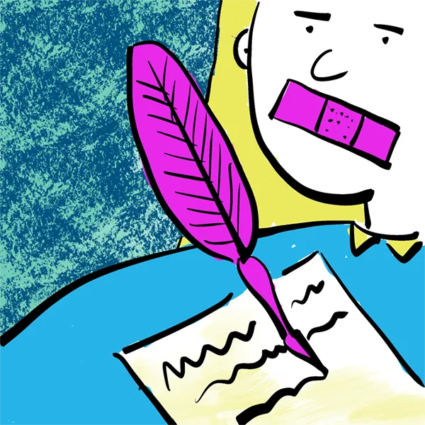 Cartoon of someone with a bandage over their mouth, indicating that they are unintentionally preventing themselves from speaking