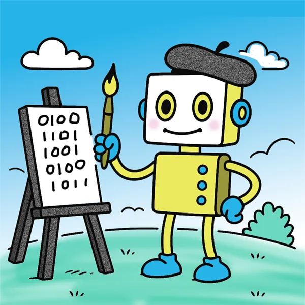 Cartoon robot standing at an easel - illustrates the concept of an AI creating images
