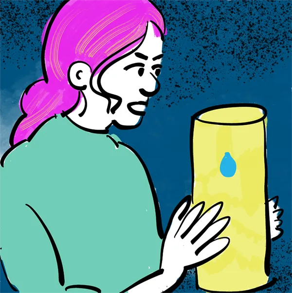 Someone speaking intently to a cylinder