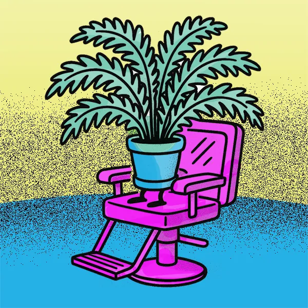 Decorative image of a plant sitting in a barber's chair