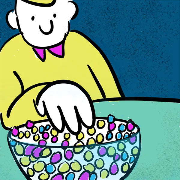 Cartoon: person dipping their hand into a candy dish
