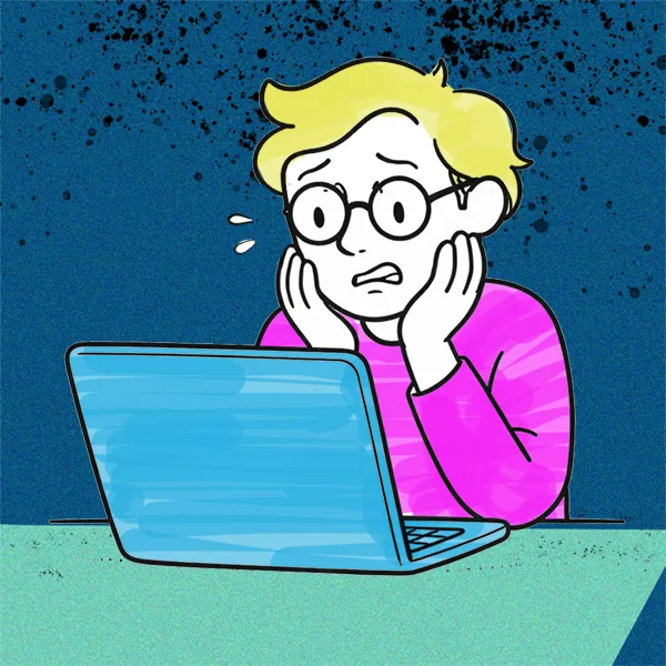 Cartoon: someone looking at a laptop and cringing