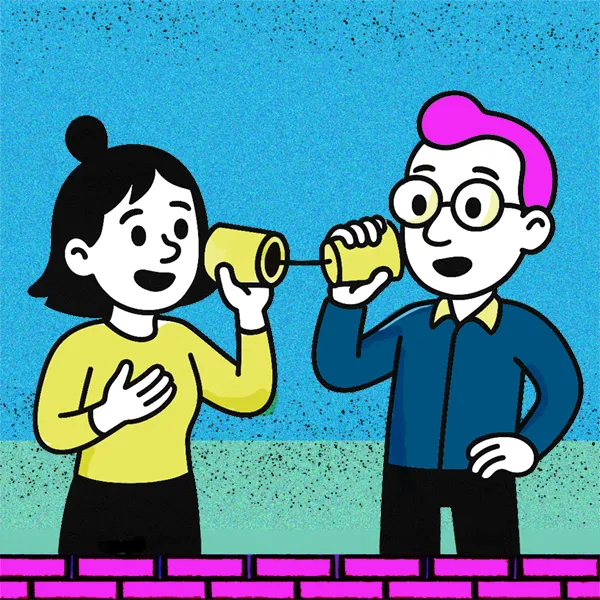 Cartoon: two people talking on toy cup phones
