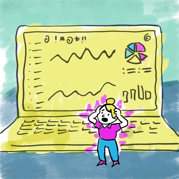 Cartoon: bewildered person looking at lots of data on laptop