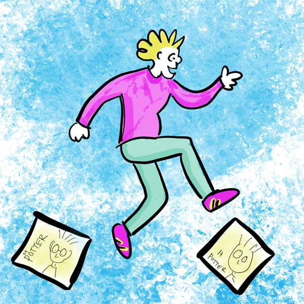 Cartoon: hopping between two Harry Potter cards