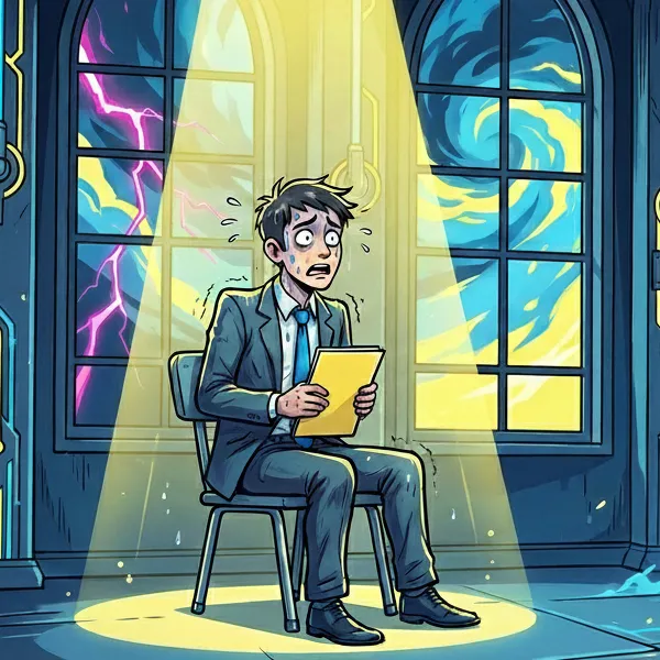 Anime style cartoon - someone in a spotlight at a job interview