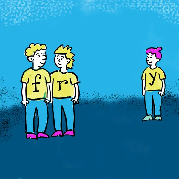 Cartoon: people with letters on t-shirts standing at oddly spaced distances
