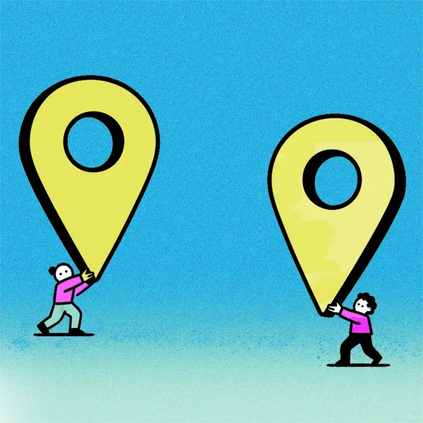 Cartoon of 2 people with big map markers