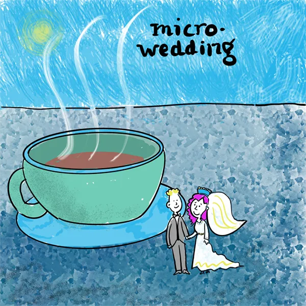 cartoon: a tiny bride and groom next to a cup of coffee