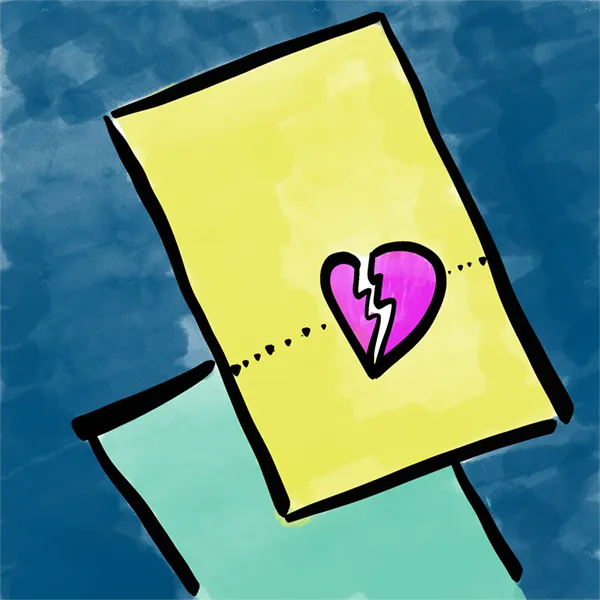 Cartoon: two pages with a break in one of them, and a broken heart symbol