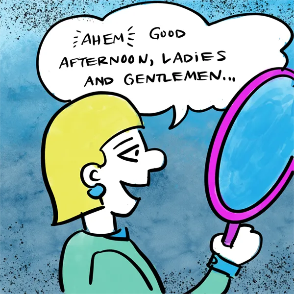 cartoon: rehearsing speech in a mirror