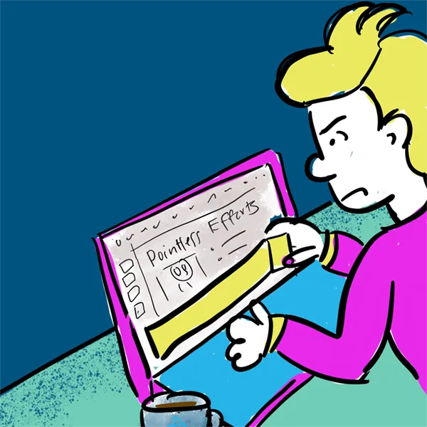 Cartoon: someone hiding part of their computer screen with masking tape