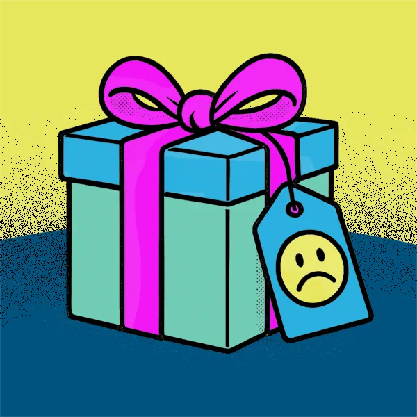 A wrapped gift with a sad face on its price tag