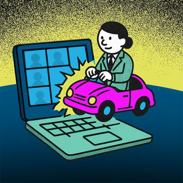 Cartoon of an executive crashing a car into a meeting screen