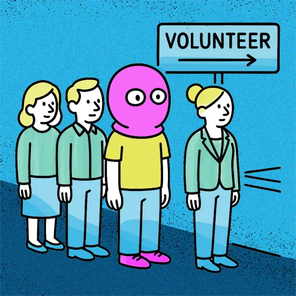 Cartoon of someone standing in line to volunteer, wearing a ski mask for anonymity