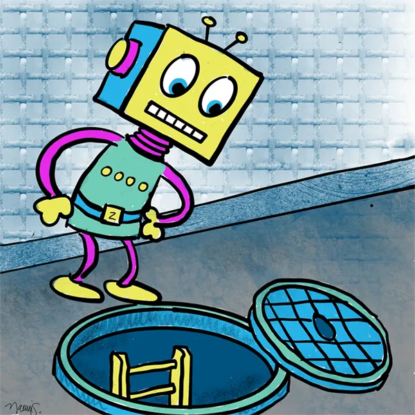 Cartoon: Robot peering down a manhole, symbolizing A.I. dragging everything down
